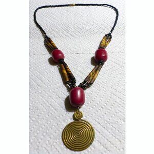 Vintage African Red Amber Black Seed Stripe Bead Concentric Pendant "Y" Necklace